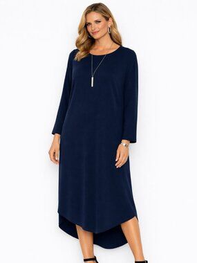Long Navy Dress with Open Front Slit and Long Sleeves (E11)